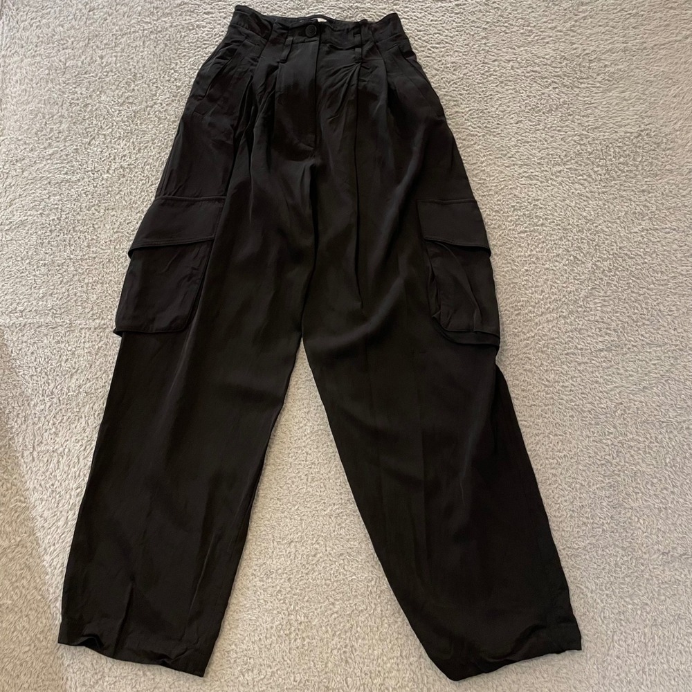 COS Paperbag Cargo Trousers Womens 2 Black High Rise Pleated Viscose Utility